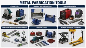 Metal fabrication tools and equipment in an industrial fabrication workshop