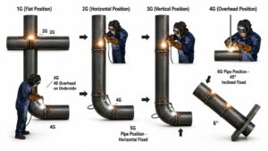 Welding positions diagram — 1G flat, 2G horizontal, 3G vertical, 4G overhead, 5G pipe horizontal, 6G pipe 45 degree