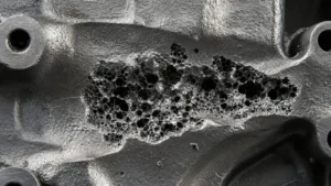 Gas porosity and blowholes casting defect showing trapped-gas voids in a metal casting
