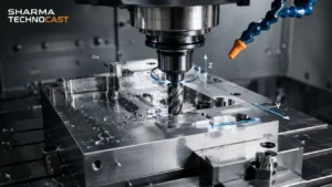 CNC milling operation with a rotating cutter shaping a fixed workpiece
