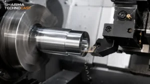 CNC turning operation with a rotating workpiece and single-point cutting tool