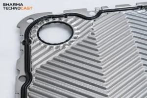 Close-up of corrugated chevron pattern on a plate heat exchanger plate