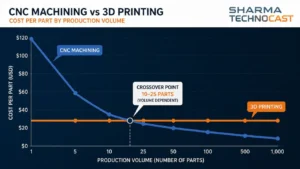 CNC machining vs 3D printing cost per part by production volume crossover
