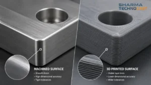 Machined surface finish versus 3D printed layer lines and tolerance comparison