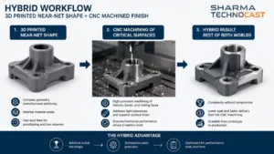 Hybrid workflow — 3D printed near-net shape finished by CNC machining
