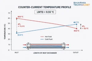 Counter current temperature profile showing LMTD calculation