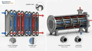 Construction comparison showing plate pack channels against a shell and tube bundle