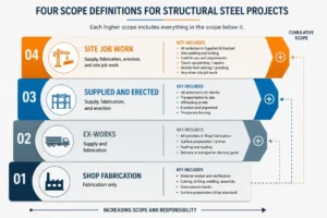 Four scope definitions used when quoting structural steel fabrication rates in India