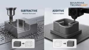 Subtractive CNC machining versus additive 3D printing process comparison