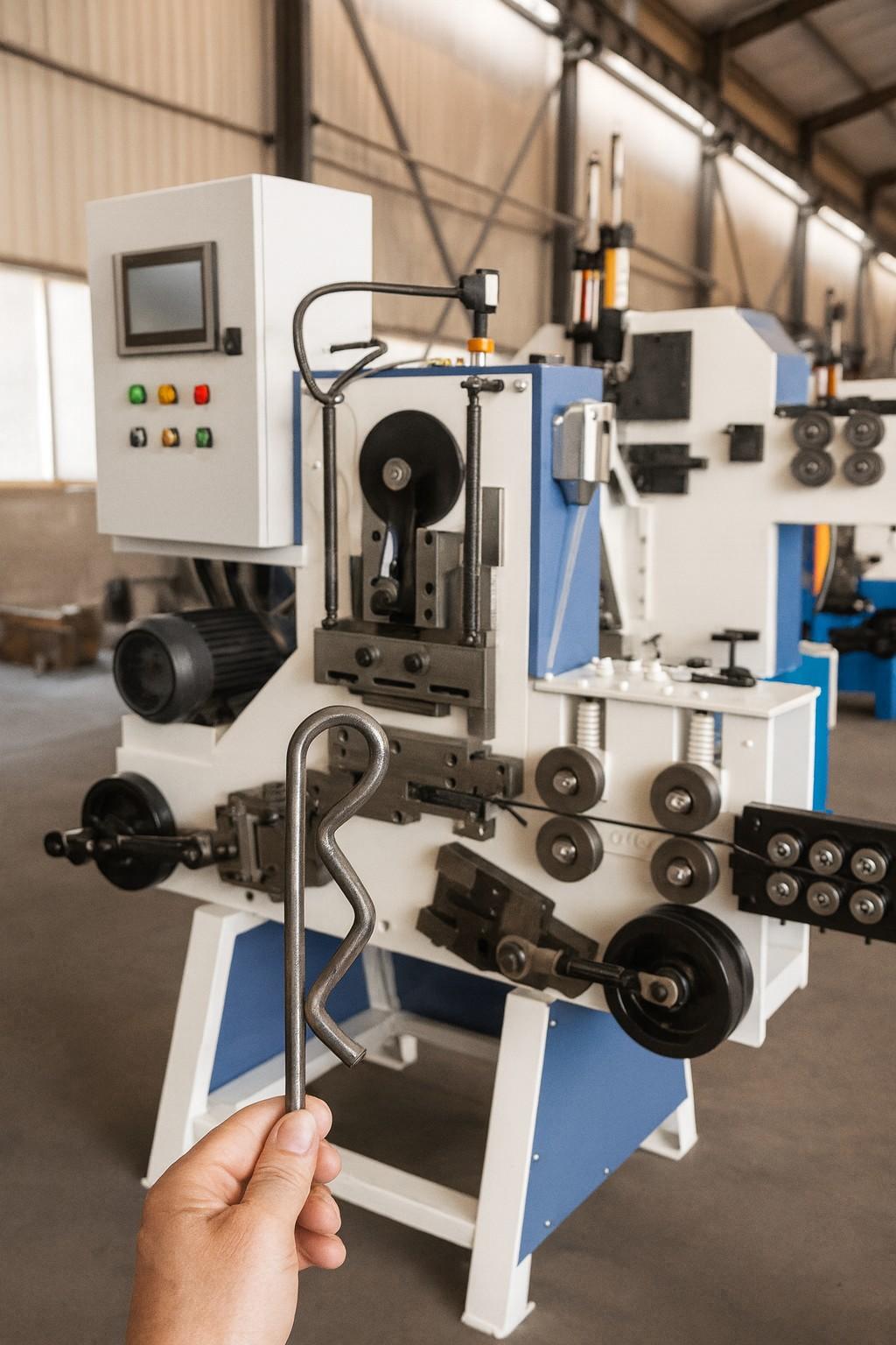 Cotter pin manufacturing machine producing metal pins in industrial process
