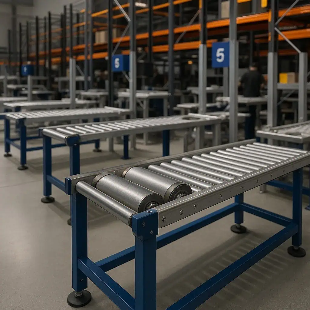 industrial conveyor roller system in warehouse logistics material handling setup