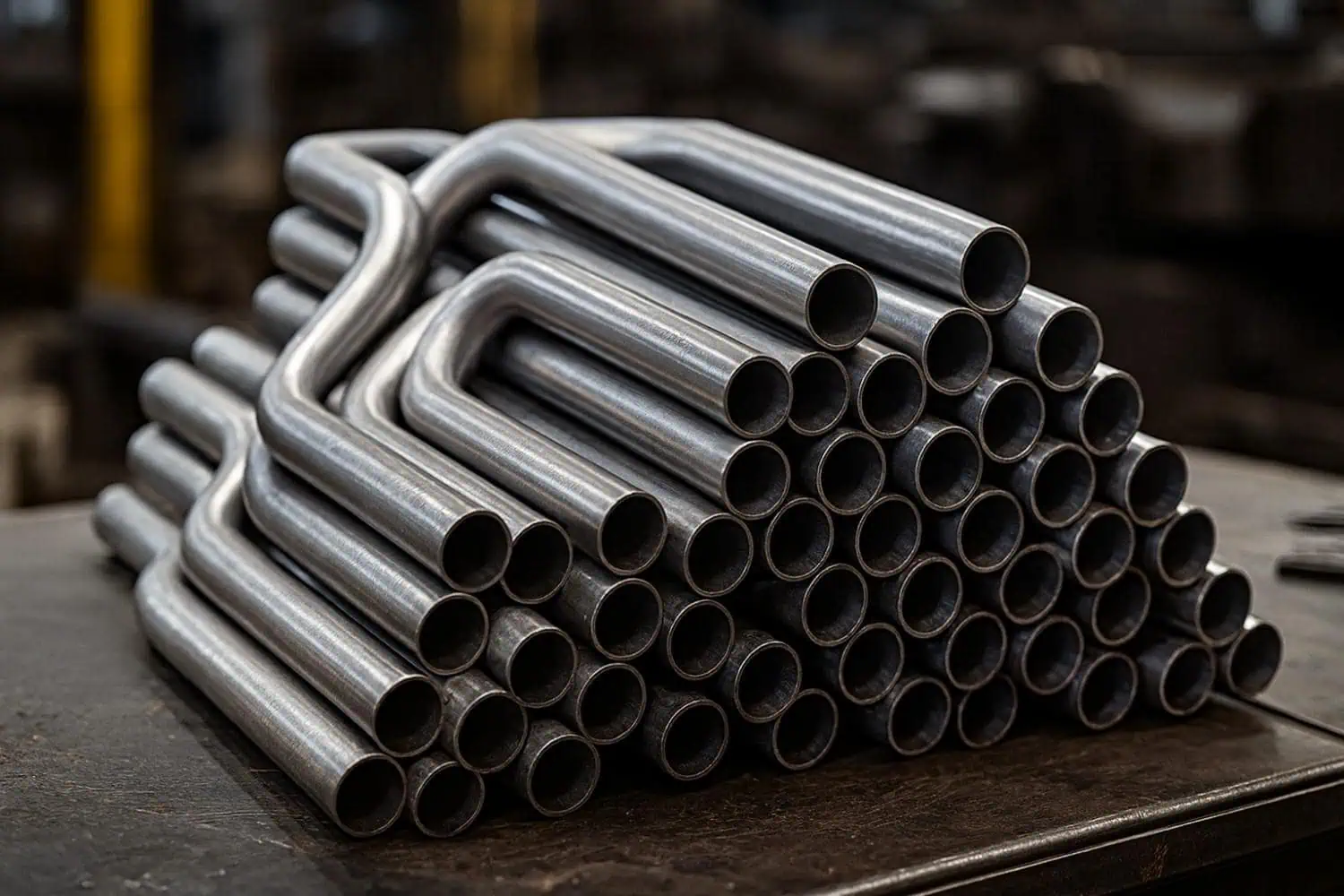 final output of pipe bending showing batch production of metal tubes in India