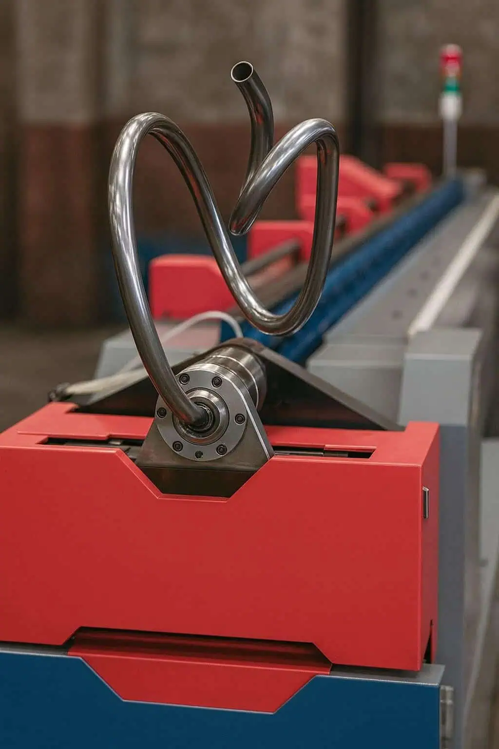 Complex pipe bending work creating custom metal tube shapes using CNC machine