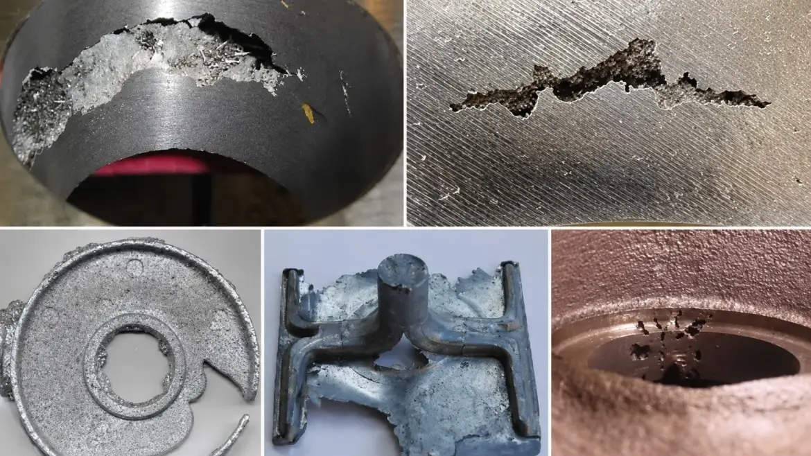 Casting defects guide — common metal casting defects with their types, causes, and remedies labelled on cast components