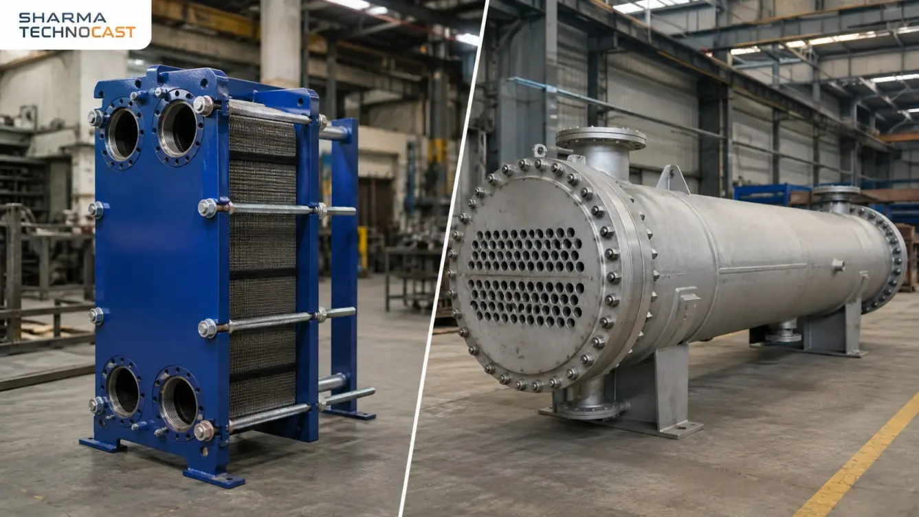 Plate heat exchanger and shell and tube heat exchanger compared side by side